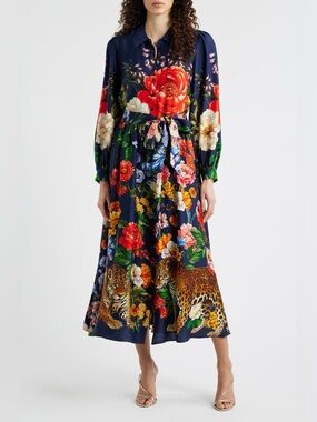 NWT Elie Tahari Melina Sahara Desert Print Long Sleeve Stretch Silk Shirt Dress